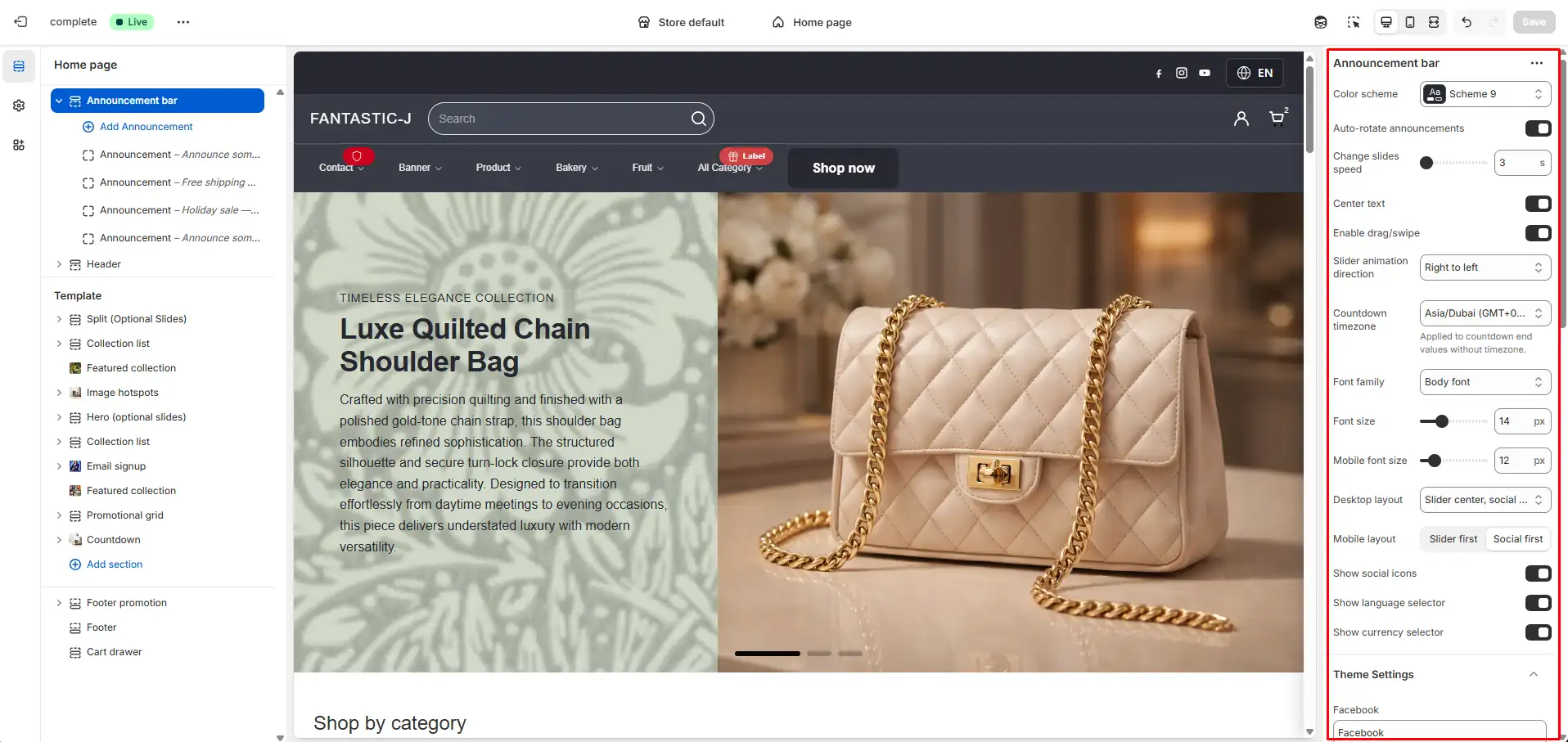 Placeholder: Theme layout with Announcement bar section at top