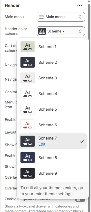 Placeholder: Header section settings with color scheme options