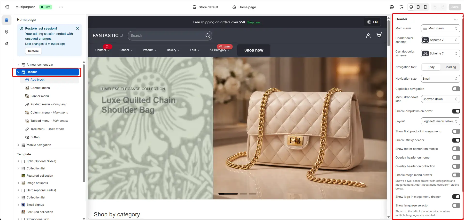 Placeholder: Theme Customizer with Header section selected
