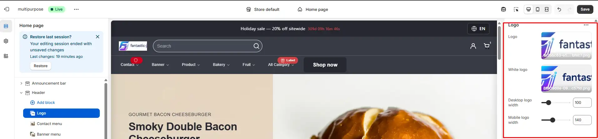 Placeholder: Logo block settings with desktop, mobile width, and white logo