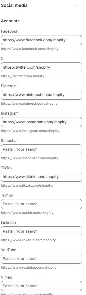 Placeholder: Theme settings Social media section with URL fields