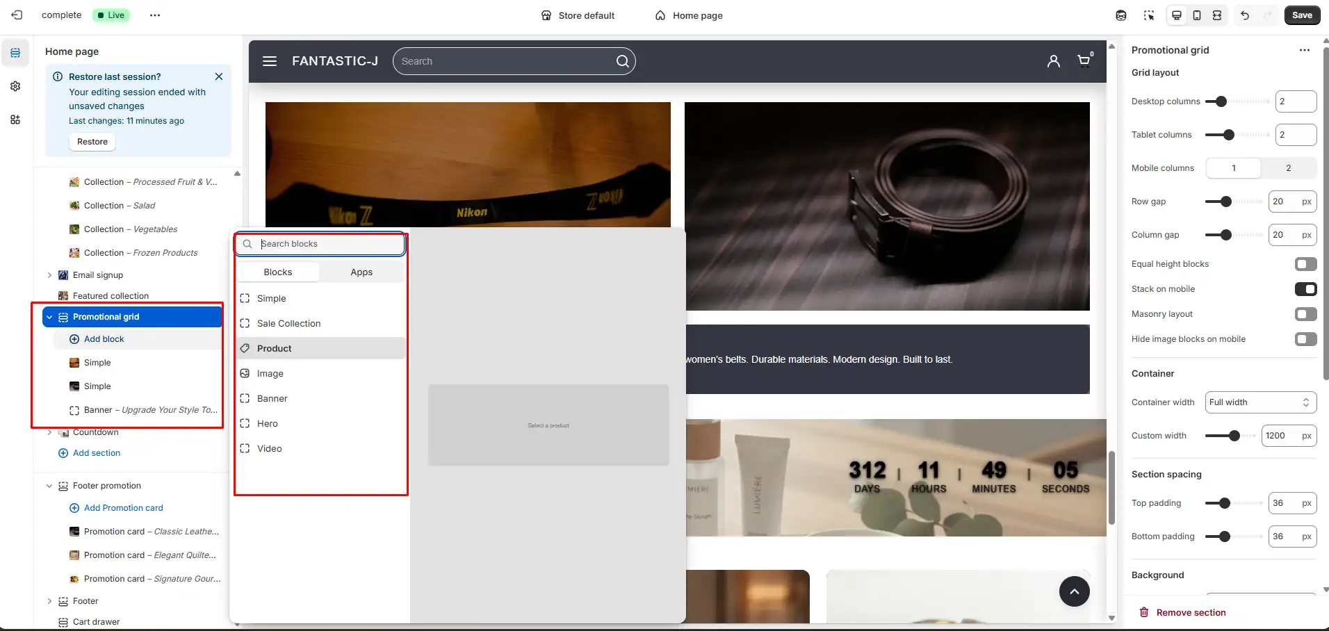 Placeholder: Theme Customizer with section and blocks expanded